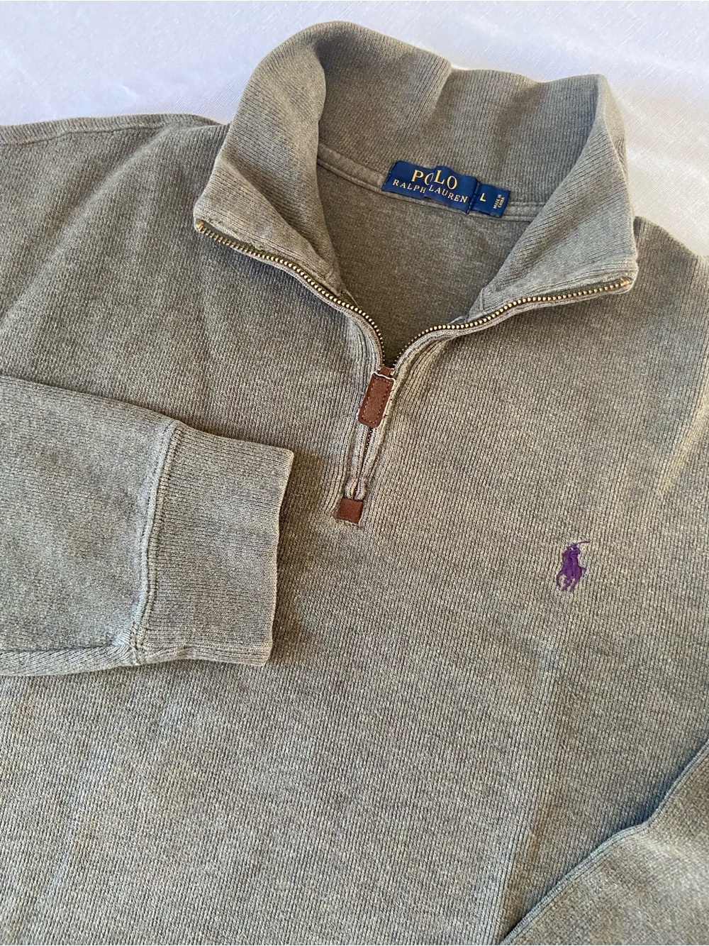 Polo Ralph Lauren Olive Green Zip-Up Sweater with Leather Pull